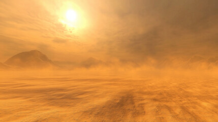A dusty desert landscape with a bright sun and distant mountains.