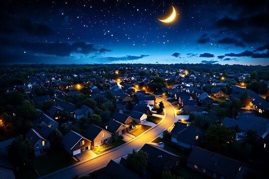 Realistic image of a quiet suburban neighborhood at night, with houses darkened as families sleep and the stars shining brightly above, symbolizing the restfulness of sleep at night