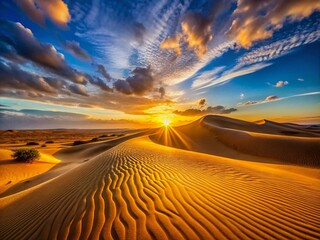Naklejka premium Expansive Desert Landscape in Spain Featuring Golden Sand Dunes and Clear Blue Sky at Sunset