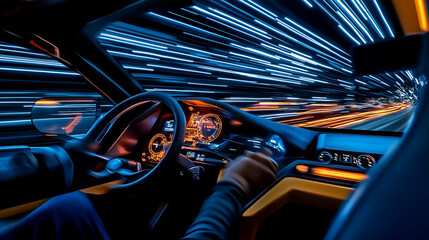 Driver's perspective of a car speeding through a city at night.