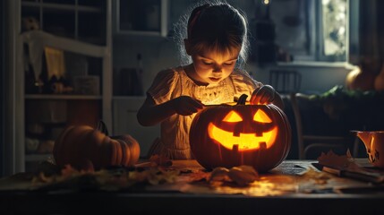 Portrait cute girl carving Halloween pumpkin at table