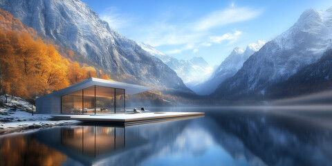 Modern cabin on a tranquil lake surrounded by snowy mountains.