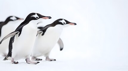 Fototapeta premium Three Penguins Walking in the Snow