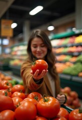 Fototapeta premium A woman inspects a ripe tomato in her hand, thoughtfully comparing it with others on the display in a lively supermarket filled with colorful fruits and vegetables. Generative AI. Buyer in a store