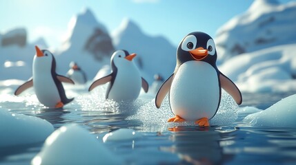 Obraz premium Happy Penguins Walking on Ice