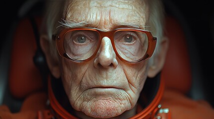 An elderly astronaut wearing glasses stares intensely into the distance inside a futuristic spacecraft at launch preparation