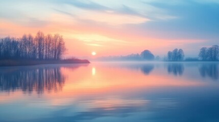 Fototapeta premium Sunrise Reflection on a Misty Lake