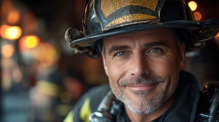 A smiling firefighter in helmet and gear poses in a vibrant fire station filled with warm light and equipment during the day