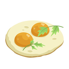 Two eggs on a plate with green herbs, on a white background. Vector illustration