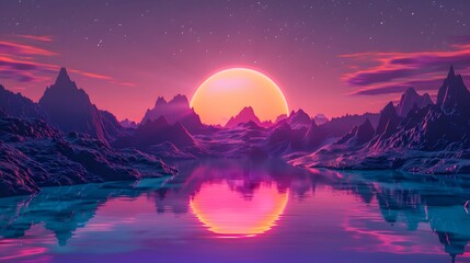 Pink Sunset Over Mountain Range and Calm Lake