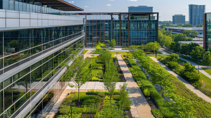 Corporate headquarters powered by renewable energy, featuring green roofs, sustainable business practices, and eco-friendly initiatives