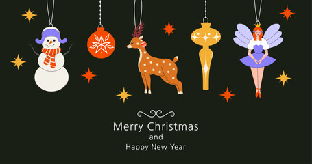 Postcard for Christmas and New Year. Frame and border. Trendy minimalist style. Paper. Sparkles hand drawn. Doodle Retro. Simple elements and shapes. Flat style. Collage. Vector. Snowman, deer, fairy.