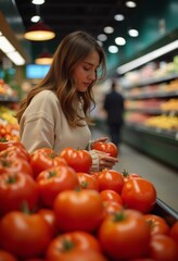 Fototapeta premium A woman inspects a ripe tomato in her hand, thoughtfully comparing it with others on the display in a lively supermarket filled with colorful fruits and vegetables. Generative AI. Buyer in a store