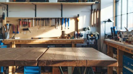 Well-equipped woodworking shop with tools and wooden workbench.