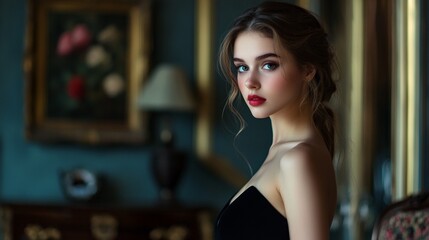Elegant young woman with striking features gazes intently, her dark attire contrasting with pale skin. Teal walls and gilded frames create a luxurious, vintage ambiance.