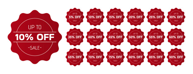 Set of red discount stamp. Up to 5, 10, 15, 20, 25, 30, 35, 40, 45, 50, 55, 60, 65, 70, 75, 80, 85, 90 percent off. Sale. 