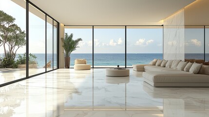 Fototapeta premium Modern living room overlooking a serene ocean view with large windows and elegant décor during day time