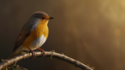 Fototapeta premium a Robin with a warm, golden hue, using a matching gradient background that shifts from light gold to a deeper amber
