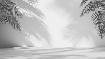 white wall with palm leaves and shadows in the background, elegant and minimalist backdrop for product display or presentation 