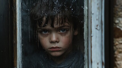 Haunting portrait of a young child peering through a grimy window, their intense gaze and somber expression conveying a sense of isolation and melancholy.