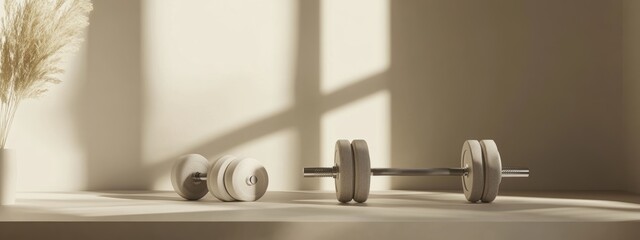 Minimalist Dumbbells on Neutral Surface, simple design, tranquil aesthetic, emphasizes form and function, ideal for modern fitness spaces