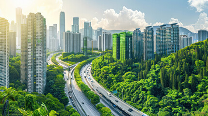 Futuristic cityscape with sustainable innovations in green architecture, renewable energy grids, and eco-friendly transportation systems