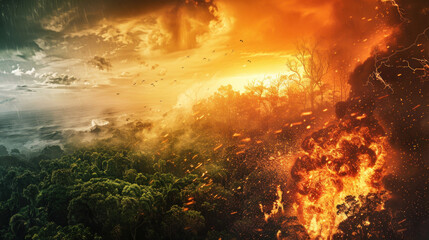 Fototapeta premium Global warming effects shown through deforestation, wildfires, and oceanic destruction, contrasted with restoration efforts and renewable solutions