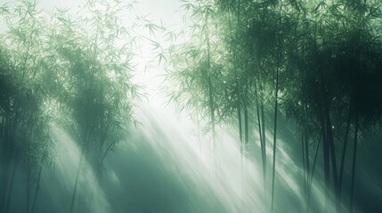 Obraz premium Sunbeams Illuminating a Misty Bamboo Forest