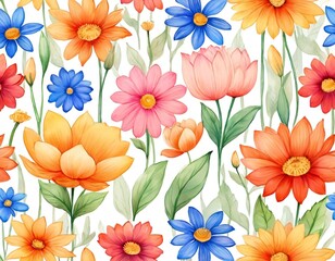 Colorful floral pattern with assorted flowers on a pale background suitable for fabric or wallpaper