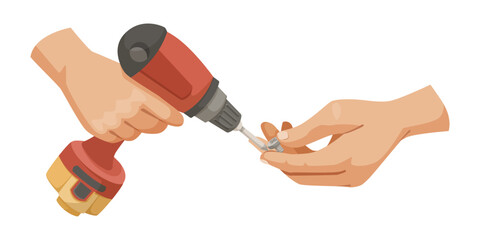 A pair of hands using a drill to fasten a screw, flat design style, on a white background. Vector illustration