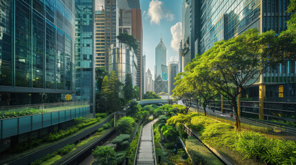 Innovative city planning with rainwater harvesting systems, green public spaces, and energy-efficient architecture driving sustainability