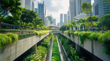 Innovative city planning with rainwater harvesting systems, green public spaces, and energy-efficient architecture driving sustainability