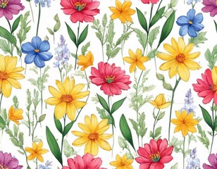 Colorful floral pattern with assorted flowers on a pale background suitable for fabric or wallpaper