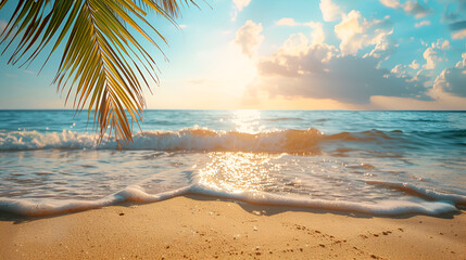 Framed summer background nature of a beautiful, tropical beach lit by sunbeams and palm leaves