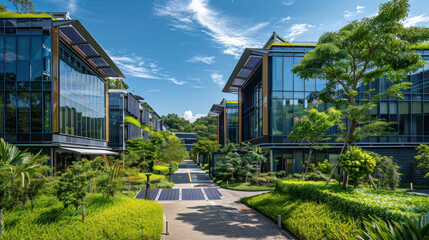 Fototapeta premium Office complex with solar panels, green architecture, and a focus on corporate sustainability, blending business success with environmental responsibility