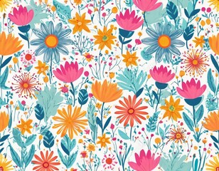 Colorful floral pattern with assorted flowers on a pale background suitable for fabric or wallpaper