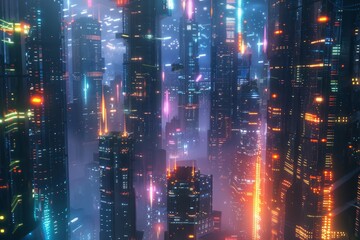 Fototapeta premium a futuristic cityscape bathed in various hues of artificial light