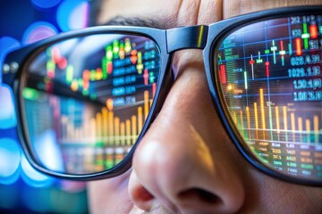 Close-up of glasses with stock market charts reflected symbolizing financial analysis