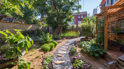 Permaculture design in an urban garden, using rainwater harvesting, composting, and sustainable gardening techniques