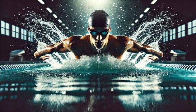professional swimmer is captured mid-motion performing the butterfly stroke in a pool