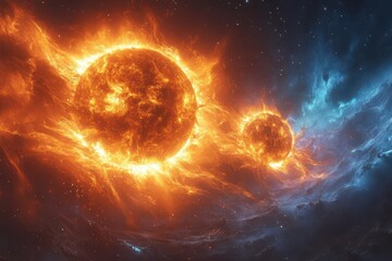 Obraz premium mesmerizing cosmic dance of twin suns orbiting each other surrounded by swirling solar flares and magnetic fields in vivid blues and oranges