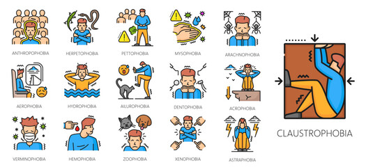 Fototapeta premium Human phobia color line icons, mental health, psychology problems. Afraid men with anxiety disorders vector outline signs. Claustrophobia, acrophobia, arachnophobia, zoophobia and aerophobia