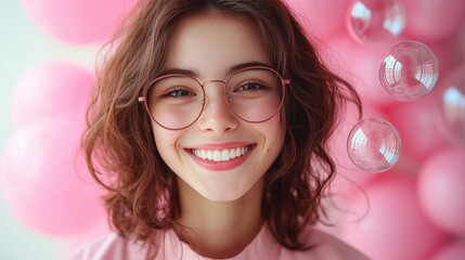 A young woman smiles joyfully while surrounded by pink balloons and floating bubbles in a bright, cheerful setting