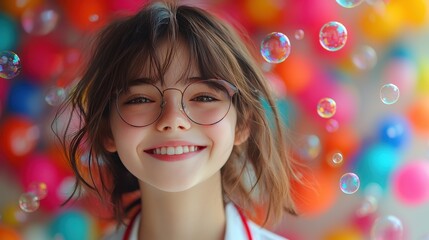 Naklejka premium A joyful girl with glasses smiles amid colorful bubbles against a vibrant background, capturing a moment of pure happiness