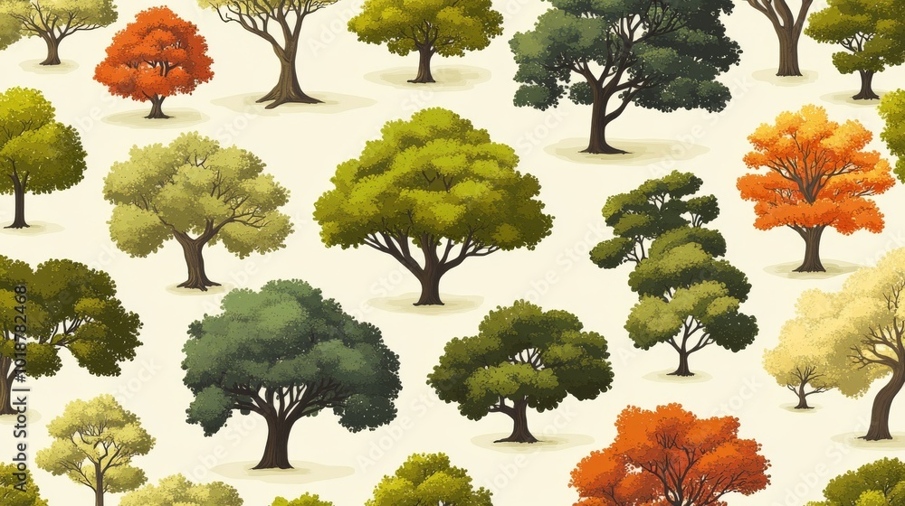 Poster a seamless pattern of various trees in different seasons