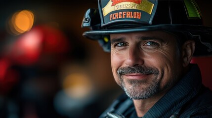 A smiling firefighter stands confidently in uniform, showcasing resilience and readiness at a fire station during a sunny day
