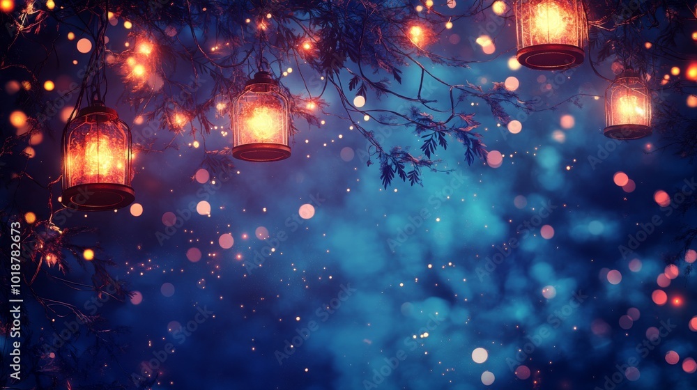 Poster enchanting lanterns hanging from twigs with sparkling bokeh background