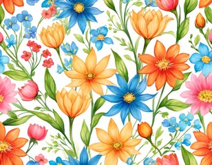 Colorful floral pattern with assorted flowers on a pale background suitable for fabric or wallpaper