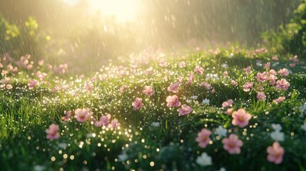 Obraz premium Pink Flowers Blooming in a Field During a Gentle Rain Shower