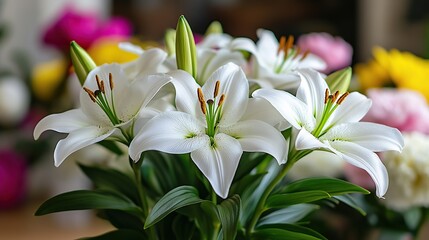 Obraz premium Closeup of white lilies with green leaves.